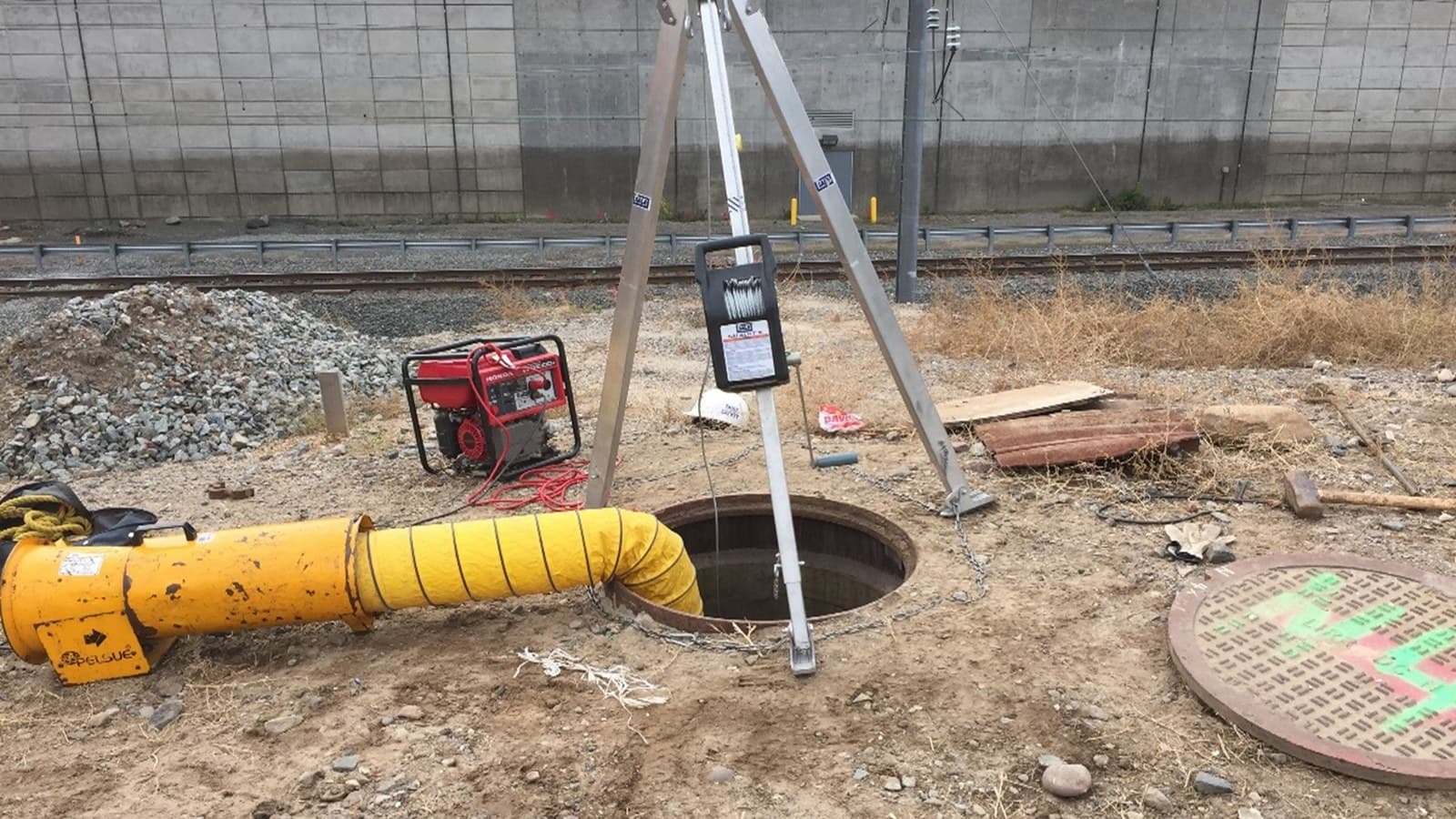 Trefot, ventilationsfläkt och öppet brunnshål vid arbete i slutet utrymme
